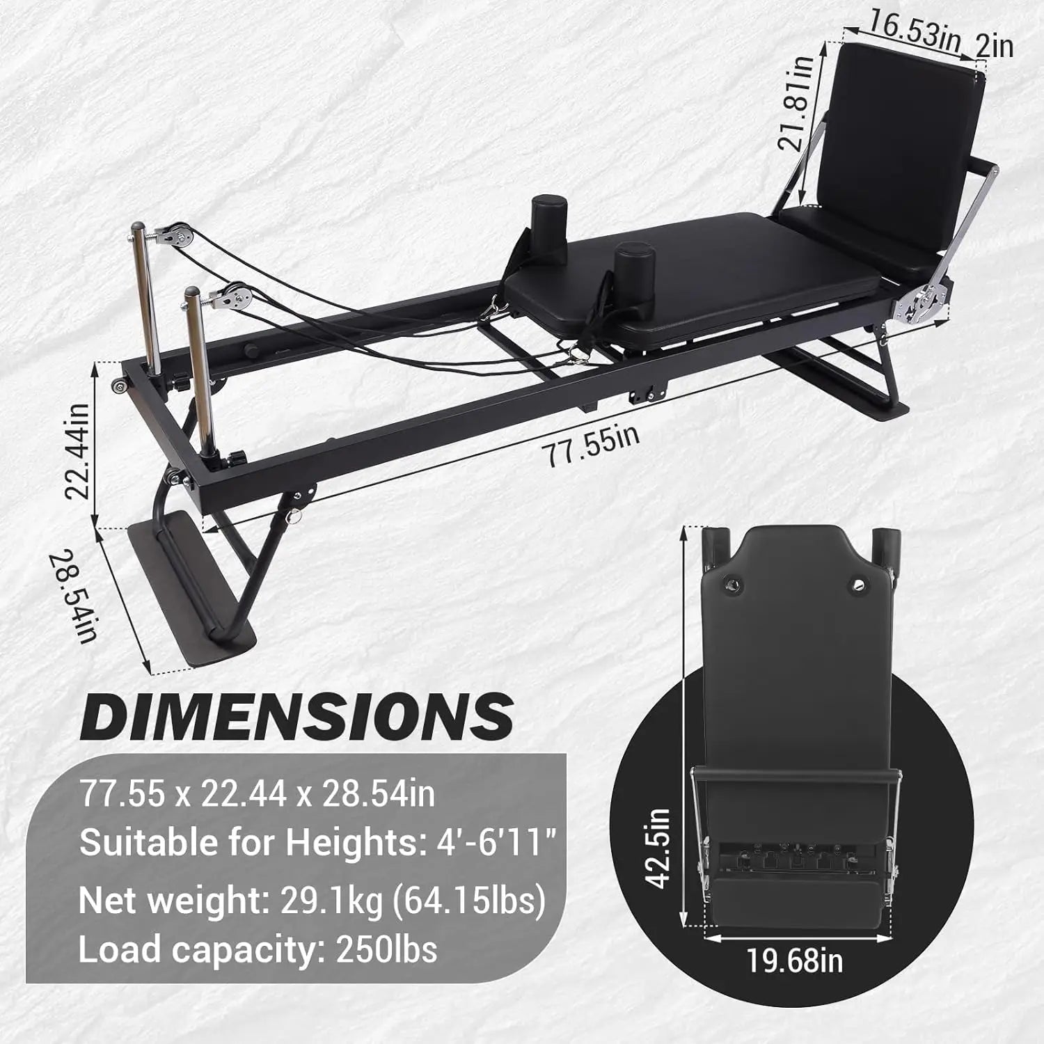 Foldable Reformer Pilates Machine, Compact Pilates Reformer Core Bed Equipment with Resistance Cords for Home Gym Workout