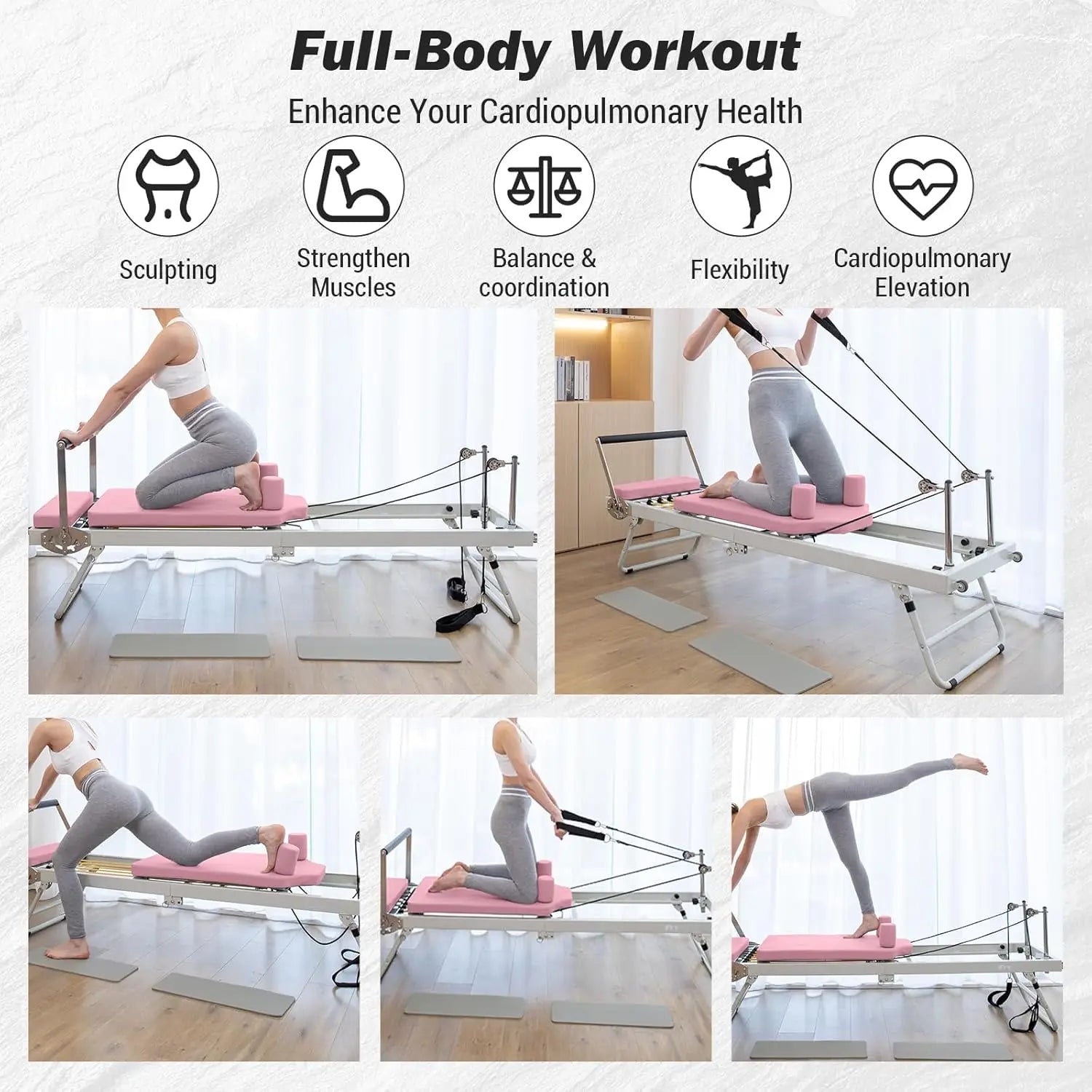 Foldable Reformer Pilates Machine, Compact Pilates Reformer Core Bed Equipment with Resistance Cords for Home Gym Workout
