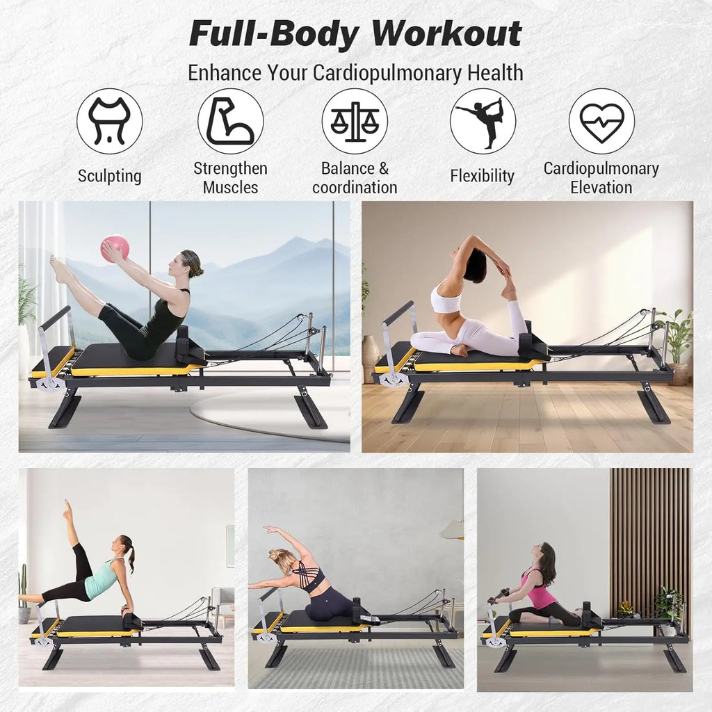 Foldable Reformer Pilates Machine, Compact Pilates Reformer Core Bed Equipment with Resistance Cords for Home Gym Workout