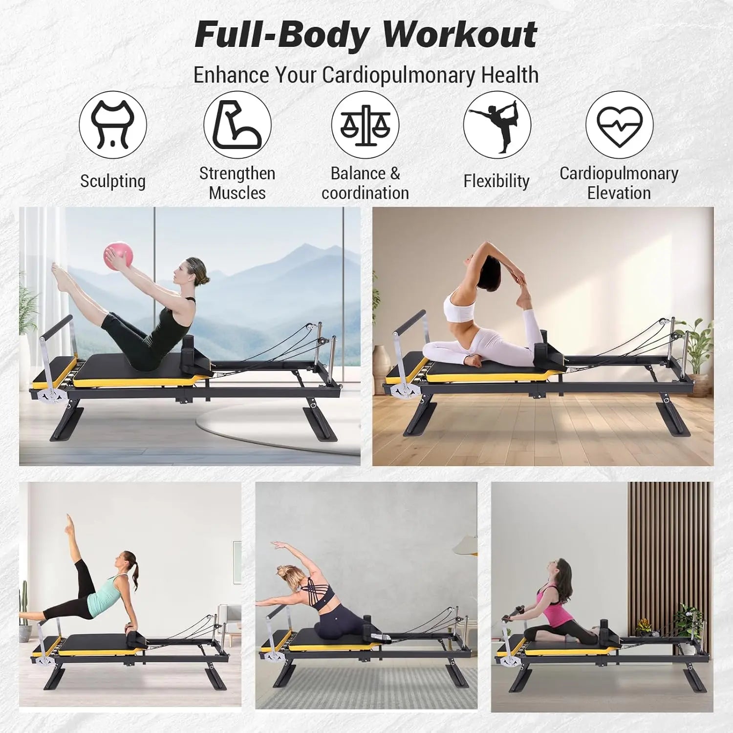 Foldable Reformer Pilates Machine, Compact Pilates Reformer Core Bed Equipment with Resistance Cords for Home Gym Workout