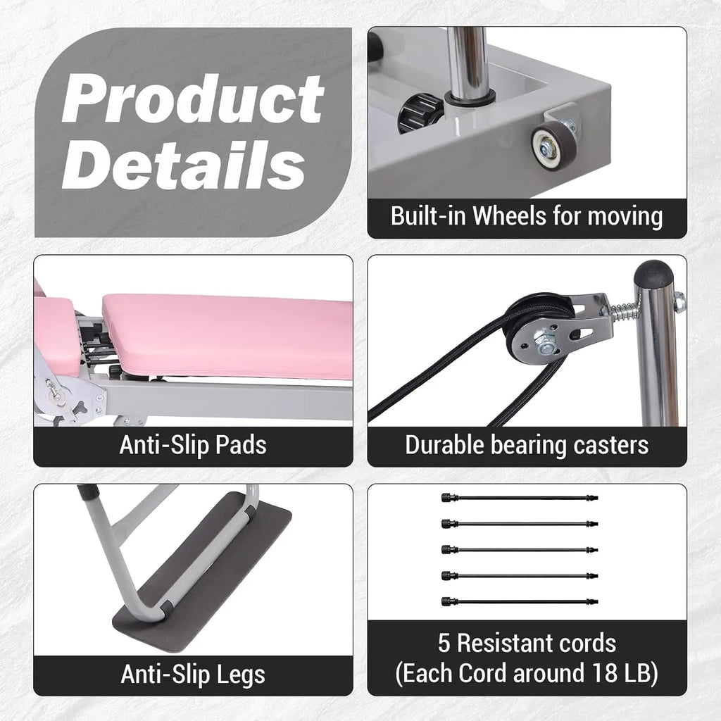 Foldable Reformer Pilates Machine, Compact Pilates Reformer Core Bed Equipment with Resistance Cords for Home Gym Workout