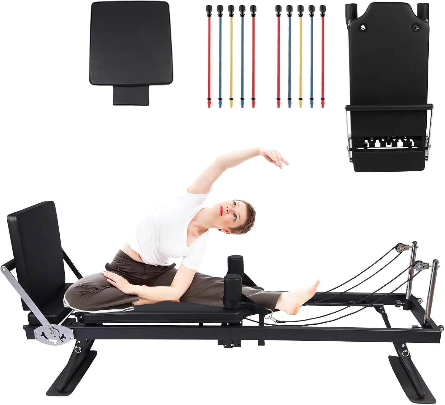 Foldable Reformer Pilates Machine, Compact Pilates Reformer Core Bed Equipment with Resistance Cords for Home Gym Workout