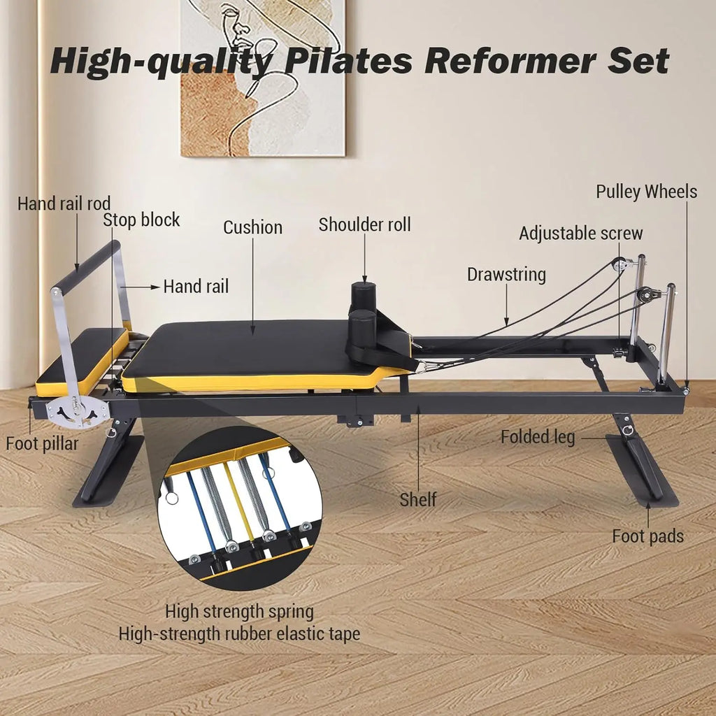 Foldable Reformer Pilates Machine, Compact Pilates Reformer Core Bed Equipment with Resistance Cords for Home Gym Workout