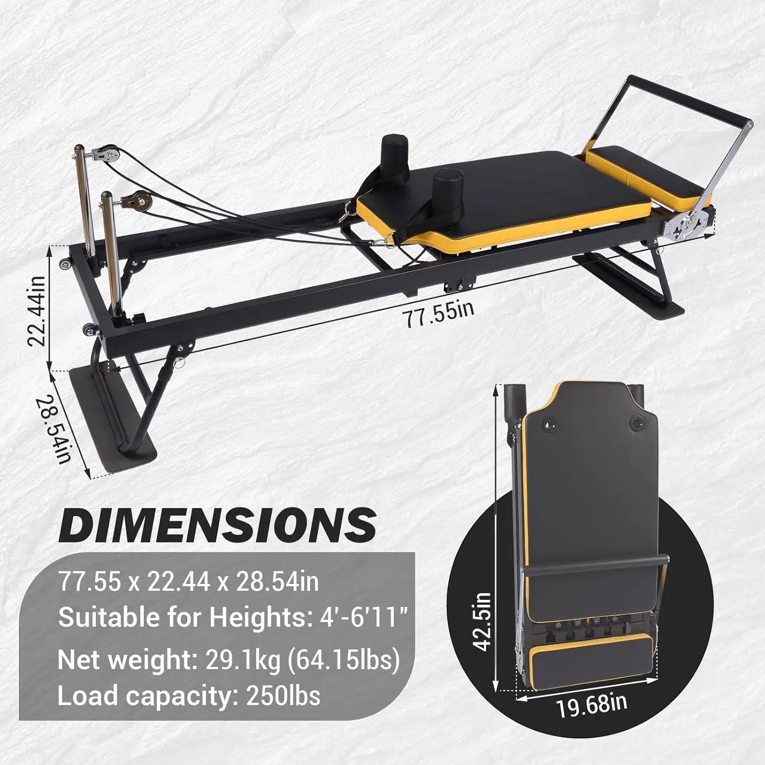 Foldable Reformer Pilates Machine, Compact Pilates Reformer Core Bed Equipment with Resistance Cords for Home Gym Workout