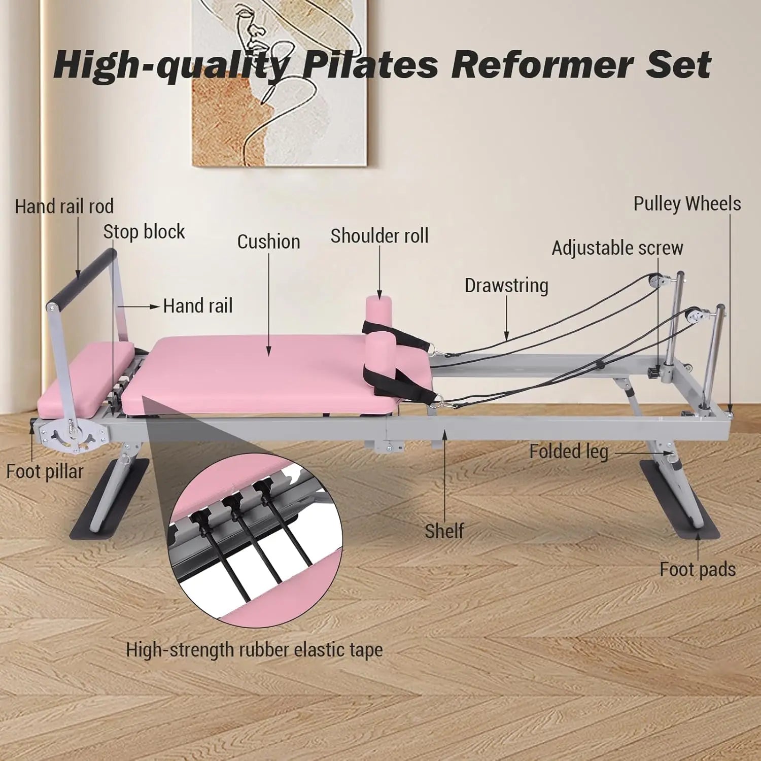 Foldable Reformer Pilates Machine, Compact Pilates Reformer Core Bed Equipment with Resistance Cords for Home Gym Workout