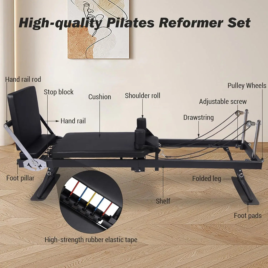 Foldable Reformer Pilates Machine, Compact Pilates Reformer Core Bed Equipment with Resistance Cords for Home Gym Workout